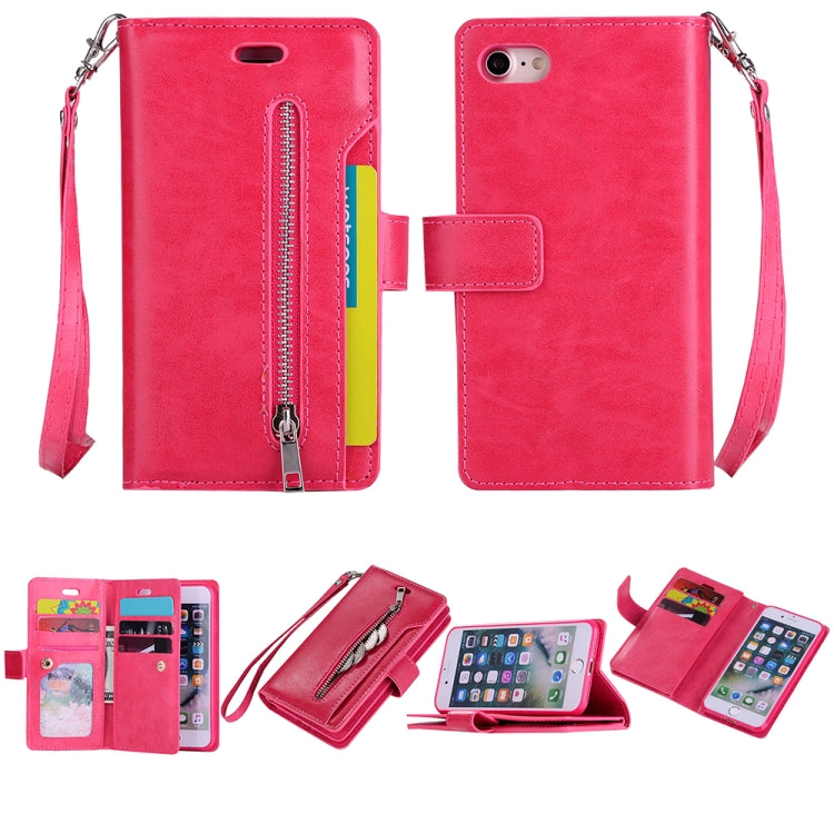 For iPhone SE 2022 / SE 2020 / 8 / 7 Multifunctional Zipper Horizontal Flip Leather Case with Holder & Wallet & 9 Card Slots & Lanyard