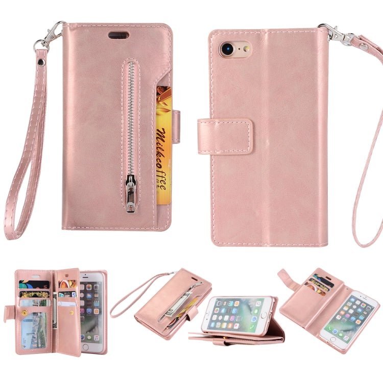 For iPhone SE 2022 / SE 2020 / 8 / 7 Multifunctional Zipper Horizontal Flip Leather Case with Holder & Wallet & 9 Card Slots & Lanyard