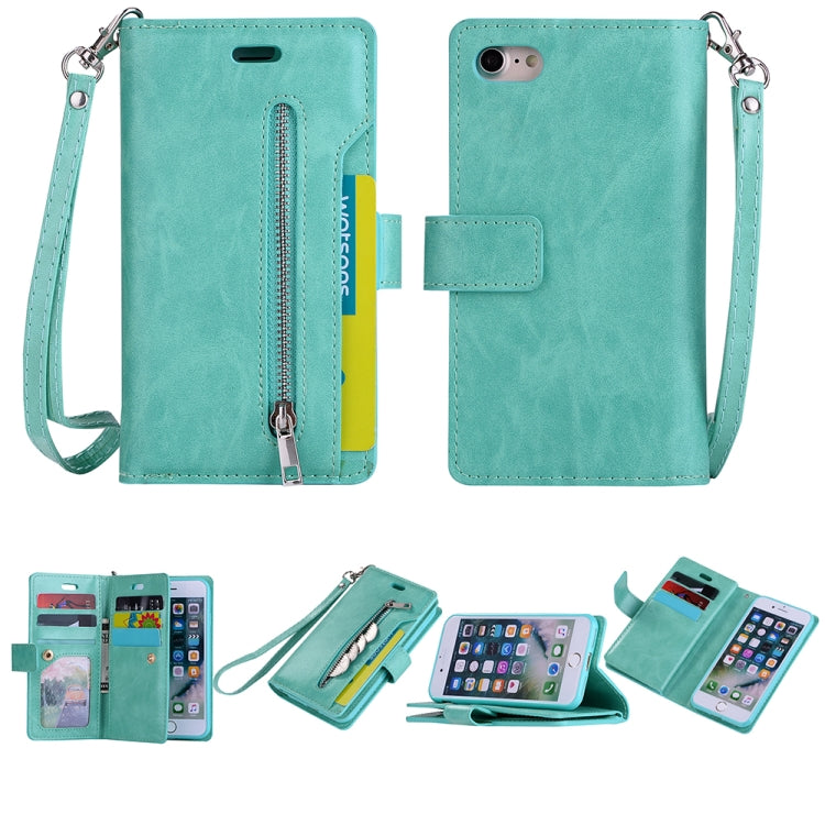 For iPhone SE 2022 / SE 2020 / 8 / 7 Multifunctional Zipper Horizontal Flip Leather Case with Holder & Wallet & 9 Card Slots & Lanyard