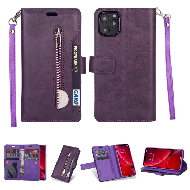 For iPhone 11 Pro Max Multifunctional Zipper Horizontal Flip Leather Case with Holder & Wallet & 9 Card Slots & Lanyard