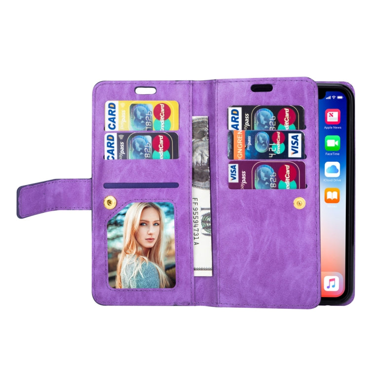 For iPhone X / XS Multifunctional Zipper Horizontal Flip Leather Case with Holder & Wallet & 9 Card Slots & Lanyard