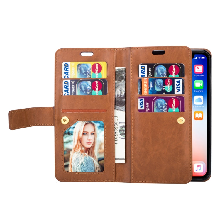 For iPhone X / XS Multifunctional Zipper Horizontal Flip Leather Case with Holder & Wallet & 9 Card Slots & Lanyard