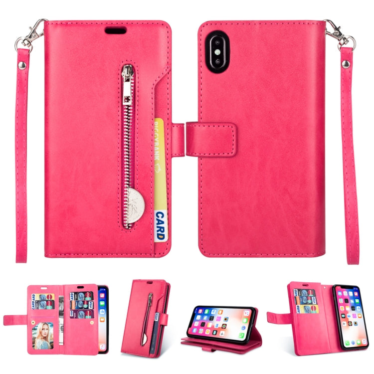 For iPhone X / XS Multifunctional Zipper Horizontal Flip Leather Case with Holder & Wallet & 9 Card Slots & Lanyard