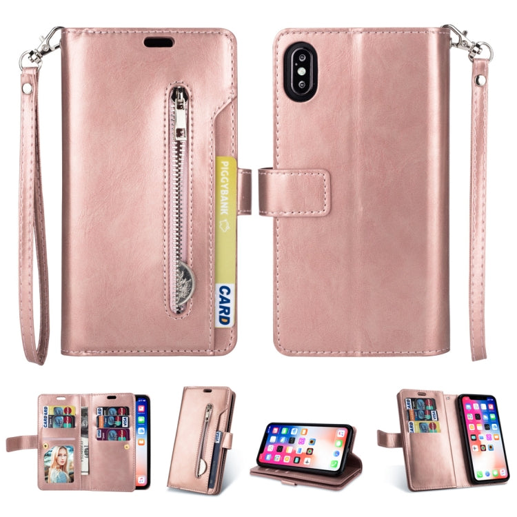 For iPhone X / XS Multifunctional Zipper Horizontal Flip Leather Case with Holder & Wallet & 9 Card Slots & Lanyard