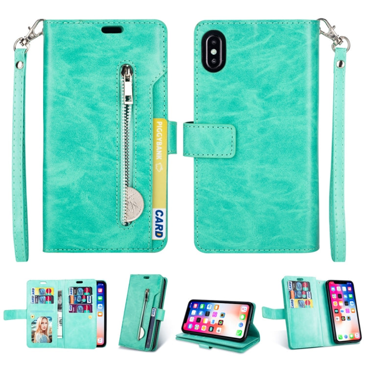 For iPhone X / XS Multifunctional Zipper Horizontal Flip Leather Case with Holder & Wallet & 9 Card Slots & Lanyard
