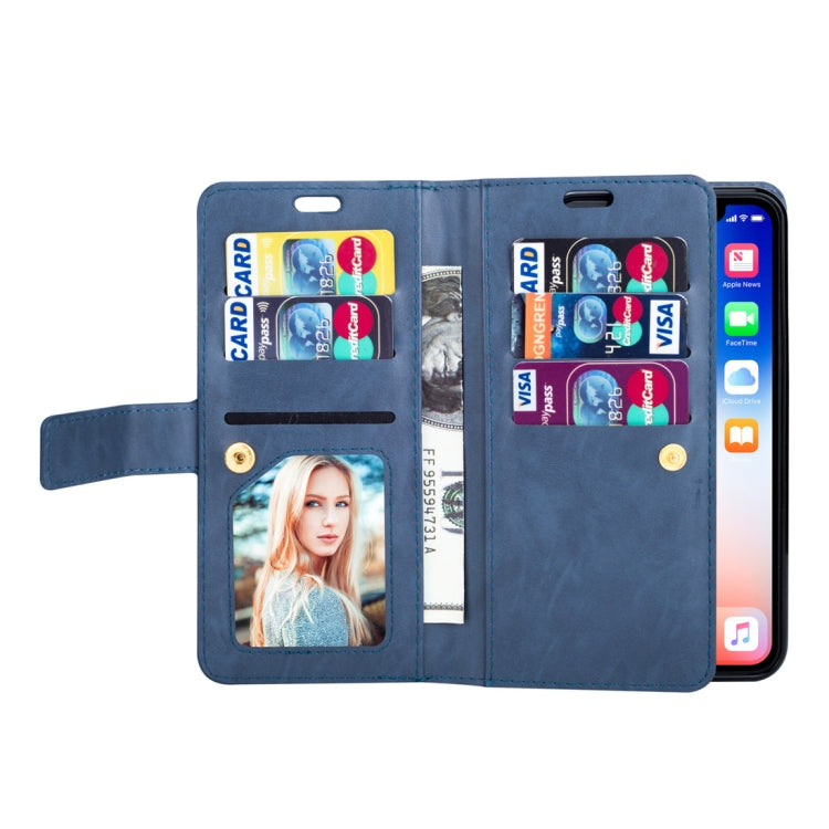 For iPhone XS Max Multifunctional Zipper Horizontal Flip Leather Case with Holder & Wallet & 9 Card Slots & Lanyard