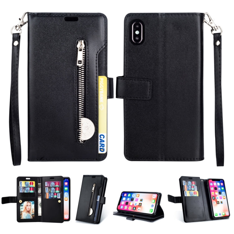 For iPhone XR Multifunctional Zipper Horizontal Flip Leather Case with Holder & Wallet & 9 Card Slots & Lanyard