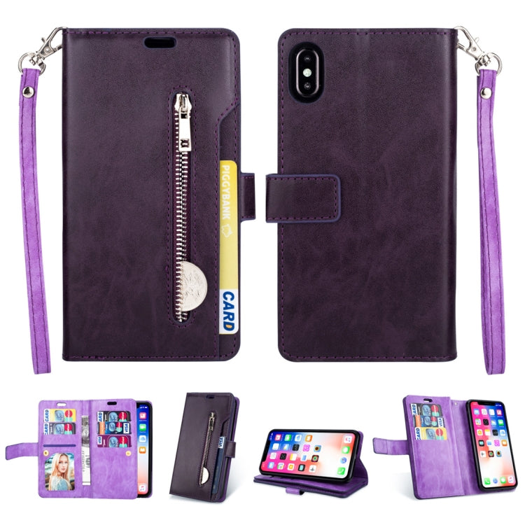 For iPhone XR Multifunctional Zipper Horizontal Flip Leather Case with Holder & Wallet & 9 Card Slots & Lanyard