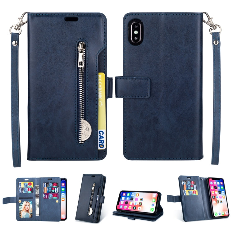 For iPhone XR Multifunctional Zipper Horizontal Flip Leather Case with Holder & Wallet & 9 Card Slots & Lanyard