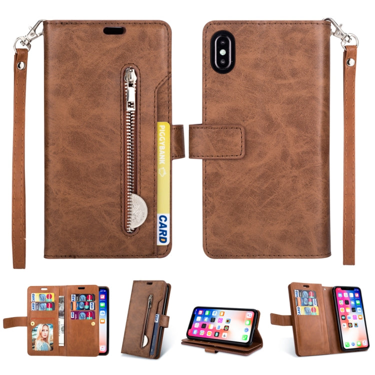 For iPhone XR Multifunctional Zipper Horizontal Flip Leather Case with Holder & Wallet & 9 Card Slots & Lanyard