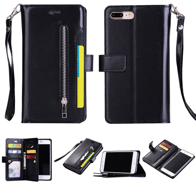 For iPhone 8 Plus & 7 Plus Multifunctional Zipper Horizontal Flip Leather Case with Holder & Wallet & 9 Card Slots & Lanyard