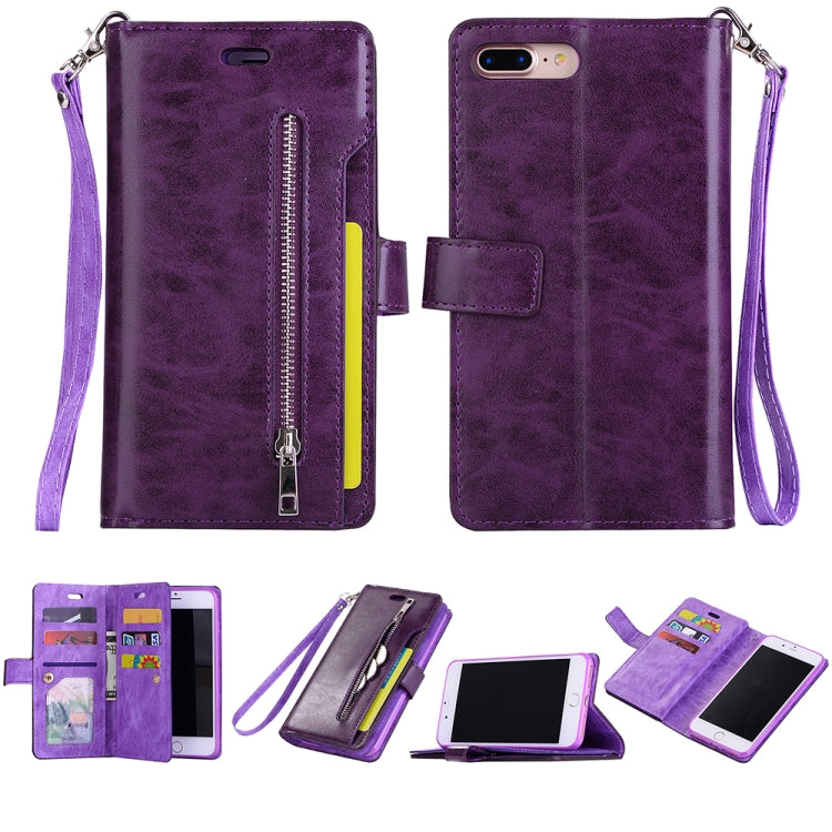 For iPhone 8 Plus & 7 Plus Multifunctional Zipper Horizontal Flip Leather Case with Holder & Wallet & 9 Card Slots & Lanyard
