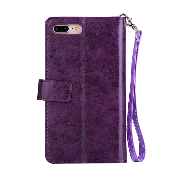 For iPhone 8 Plus & 7 Plus Multifunctional Zipper Horizontal Flip Leather Case with Holder & Wallet & 9 Card Slots & Lanyard