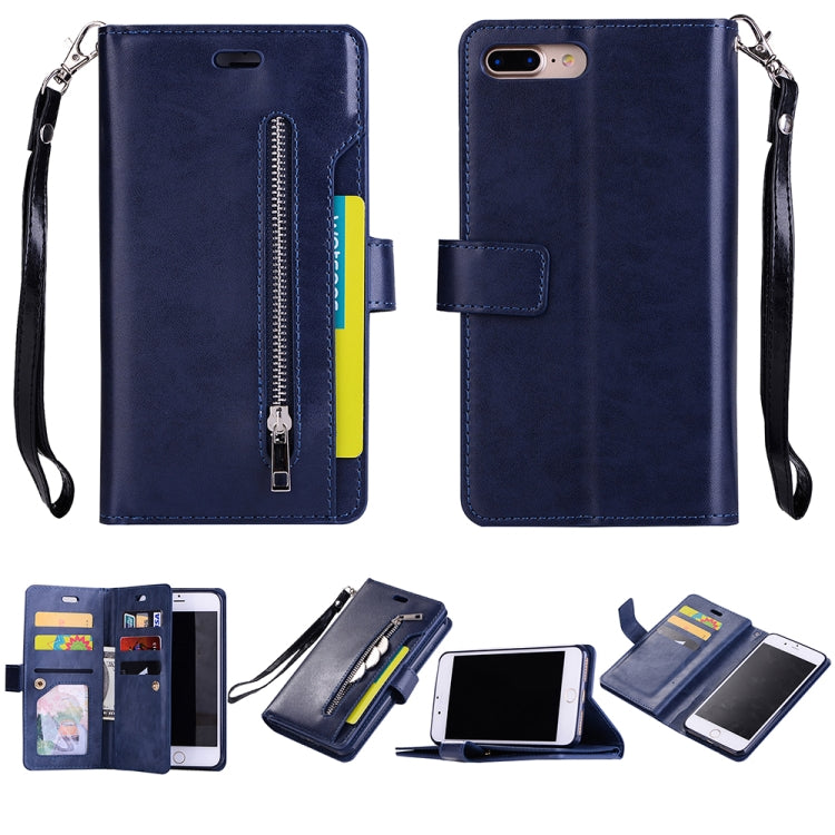 For iPhone 8 Plus & 7 Plus Multifunctional Zipper Horizontal Flip Leather Case with Holder & Wallet & 9 Card Slots & Lanyard