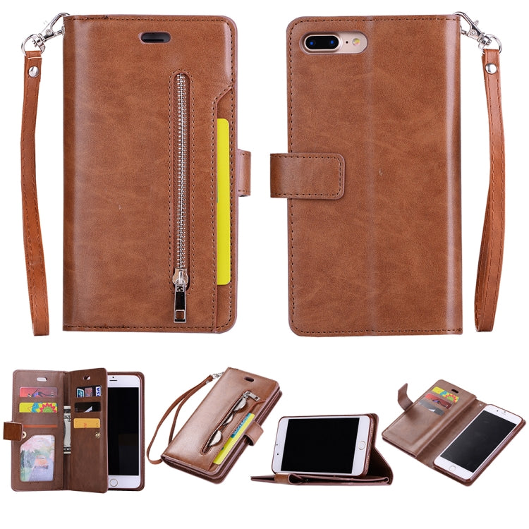 For iPhone 8 Plus & 7 Plus Multifunctional Zipper Horizontal Flip Leather Case with Holder & Wallet & 9 Card Slots & Lanyard