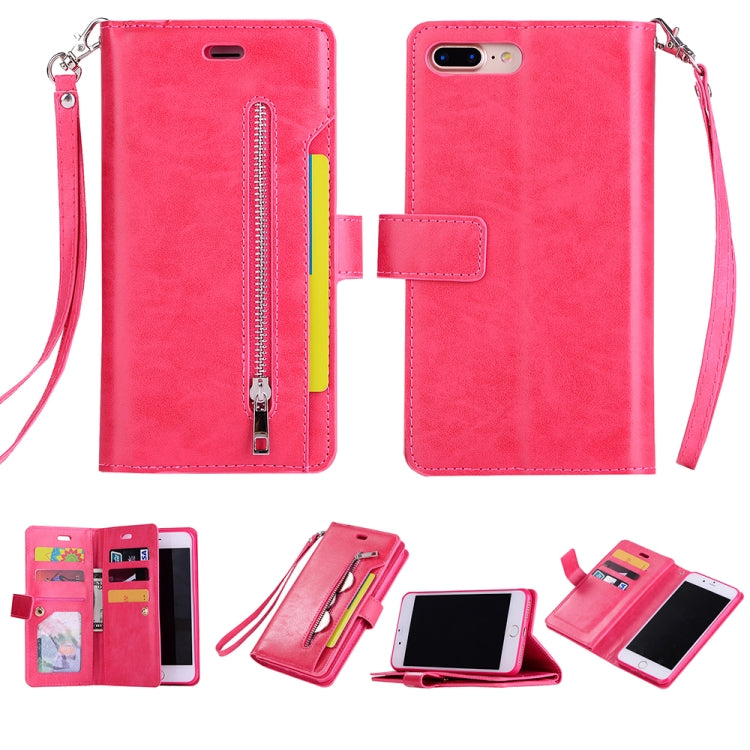 For iPhone 8 Plus & 7 Plus Multifunctional Zipper Horizontal Flip Leather Case with Holder & Wallet & 9 Card Slots & Lanyard