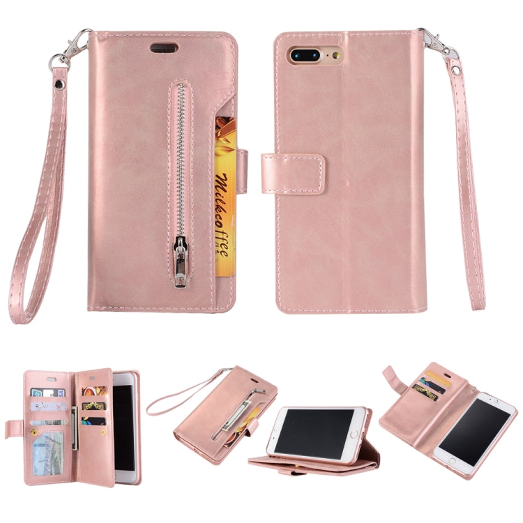 For iPhone 8 Plus & 7 Plus Multifunctional Zipper Horizontal Flip Leather Case with Holder & Wallet & 9 Card Slots & Lanyard