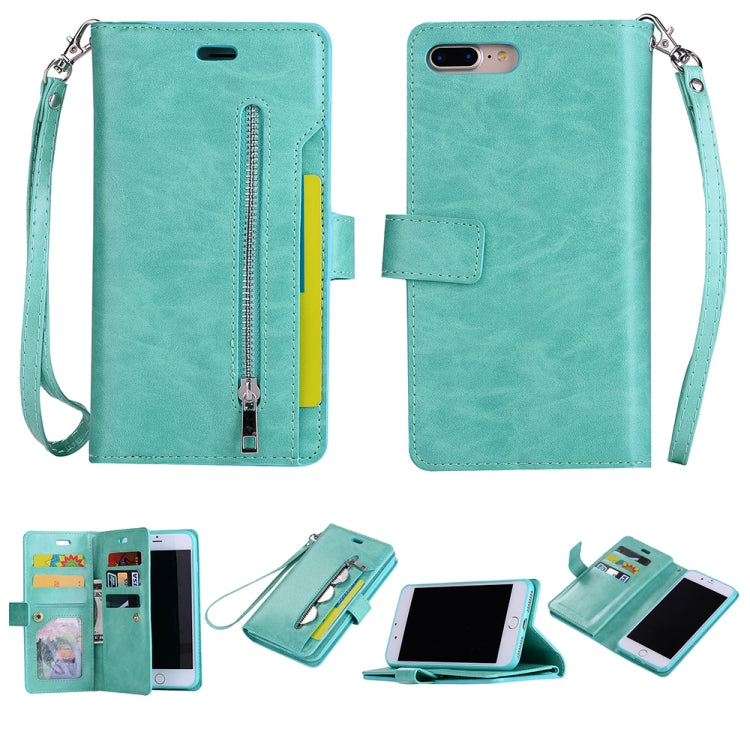 For iPhone 8 Plus & 7 Plus Multifunctional Zipper Horizontal Flip Leather Case with Holder & Wallet & 9 Card Slots & Lanyard