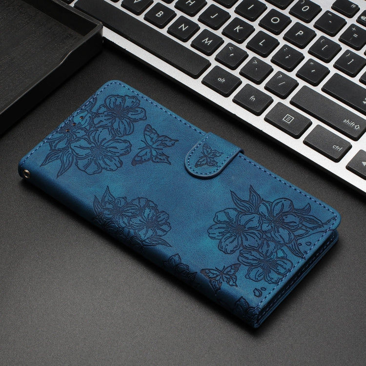 For iPhone 15 Pro Max Cherry Blossom Butterfly Skin Feel Embossed PU Phone Case