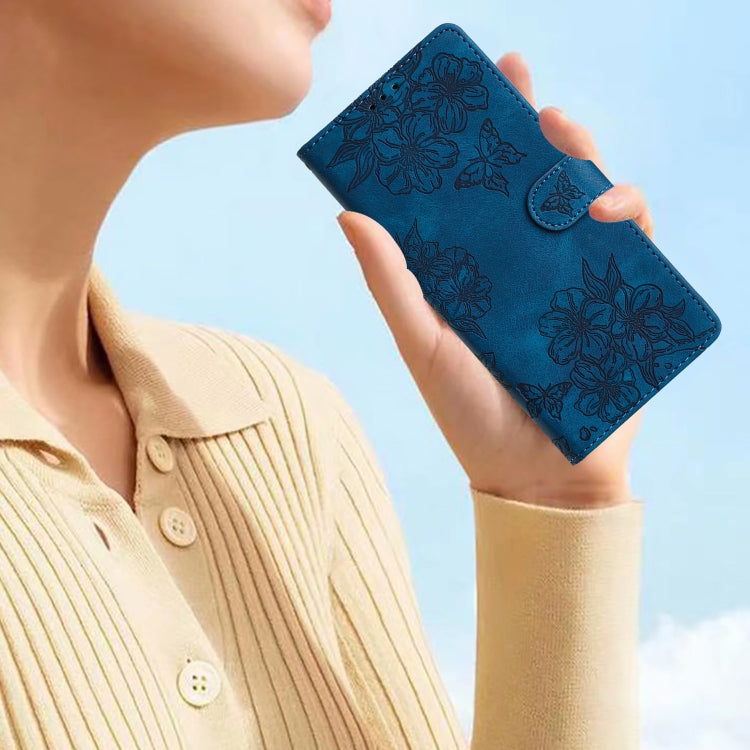 For iPhone 15 Pro Max Cherry Blossom Butterfly Skin Feel Embossed PU Phone Case