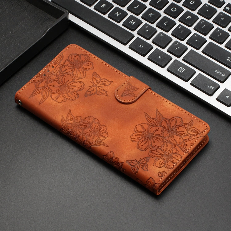 For iPhone 15 Pro Max Cherry Blossom Butterfly Skin Feel Embossed PU Phone Case