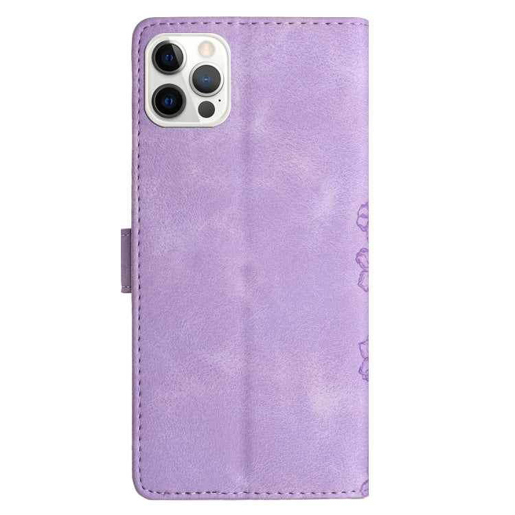 For iPhone 15 Pro Cherry Blossom Butterfly Skin Feel Embossed PU Phone Case