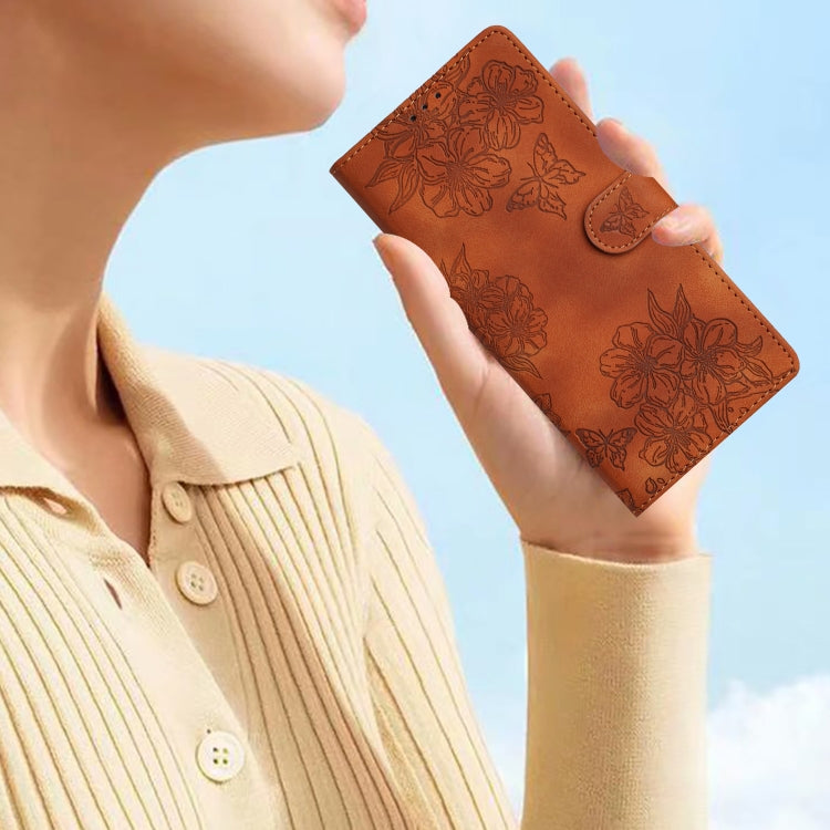 For iPhone 15 Plus Cherry Blossom Butterfly Skin Feel Embossed PU Phone Case