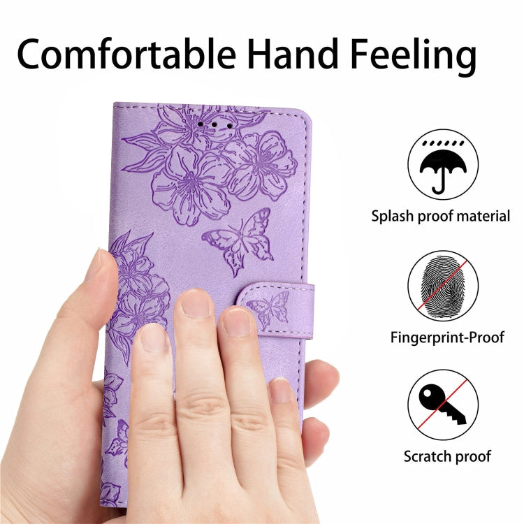 For iPhone 15 Cherry Blossom Butterfly Skin Feel Embossed PU Phone Case