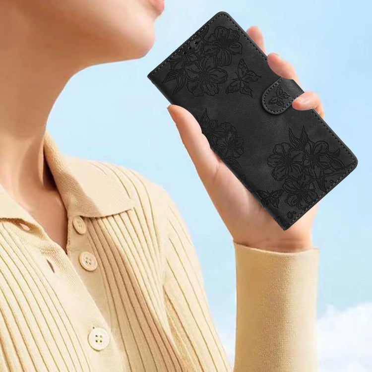 For iPhone 15 Cherry Blossom Butterfly Skin Feel Embossed PU Phone Case
