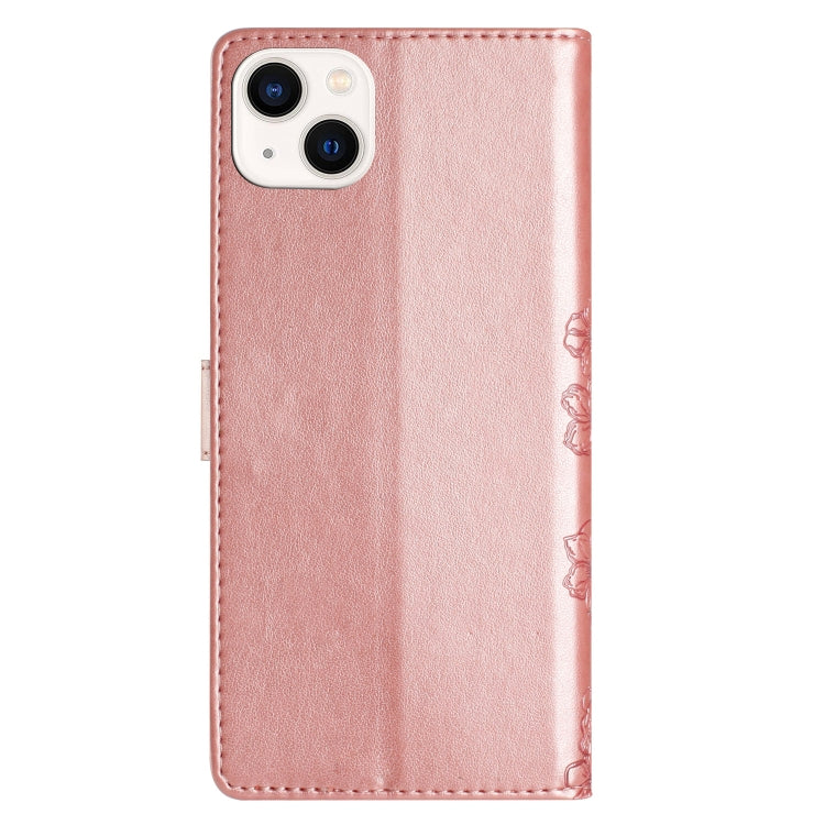 For iPhone 15 Cherry Blossom Butterfly Skin Feel Embossed PU Phone Case