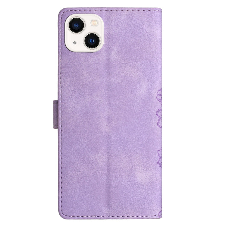 For iPhone 14 Cherry Blossom Butterfly Skin Feel Embossed PU Phone Case