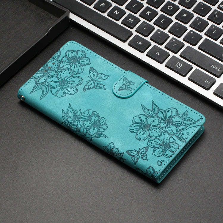 For iPhone 13 Cherry Blossom Butterfly Skin Feel Embossed PU Phone Case