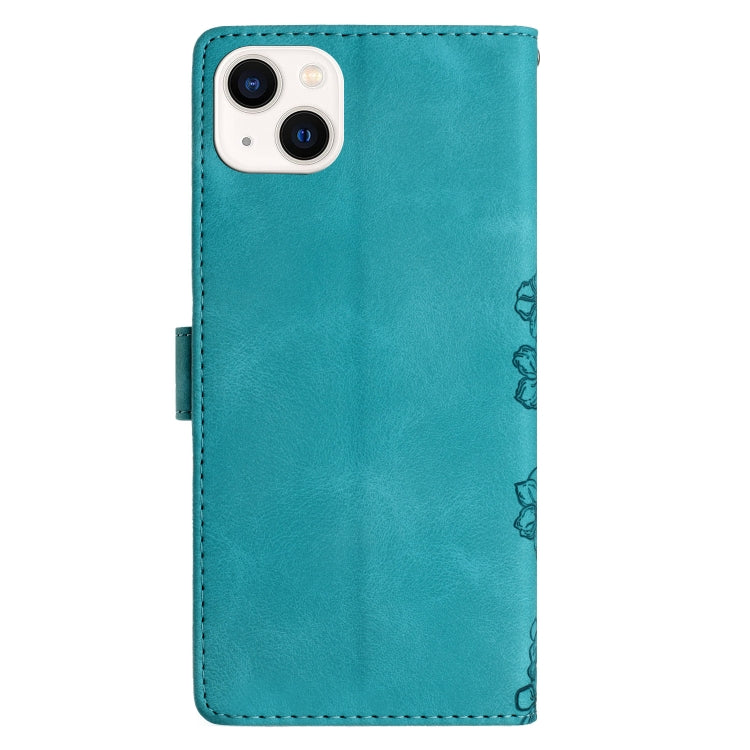 For iPhone 13 Cherry Blossom Butterfly Skin Feel Embossed PU Phone Case
