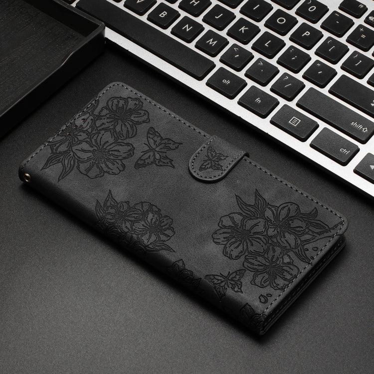 For iPhone 13 mini Cherry Blossom Butterfly Skin Feel Embossed PU Phone Case