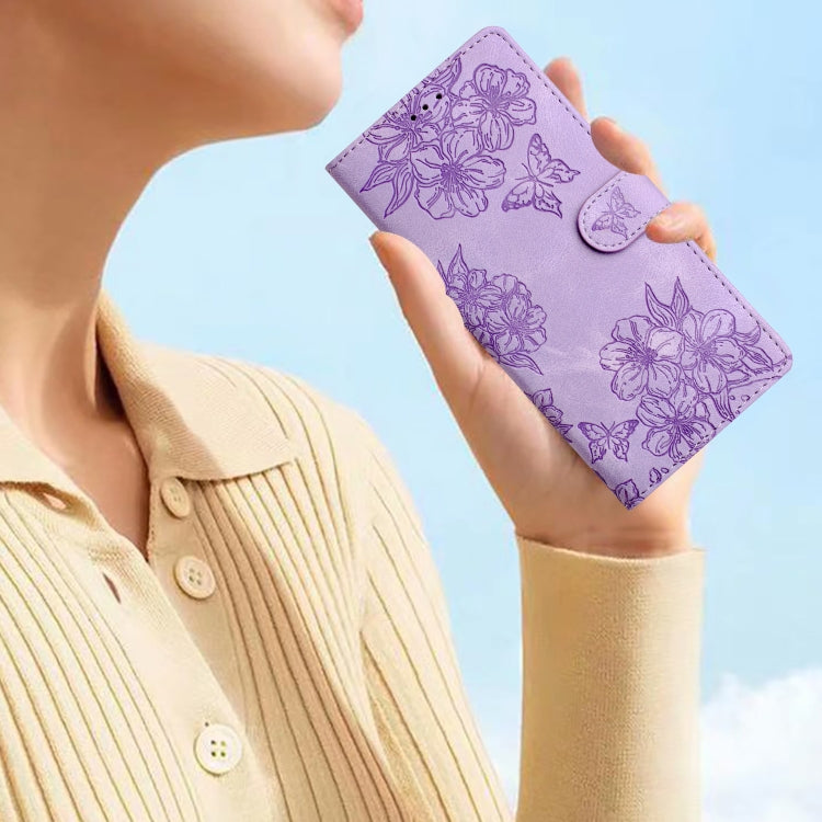 For iPhone XR Cherry Blossom Butterfly Skin Feel Embossed PU Phone Case
