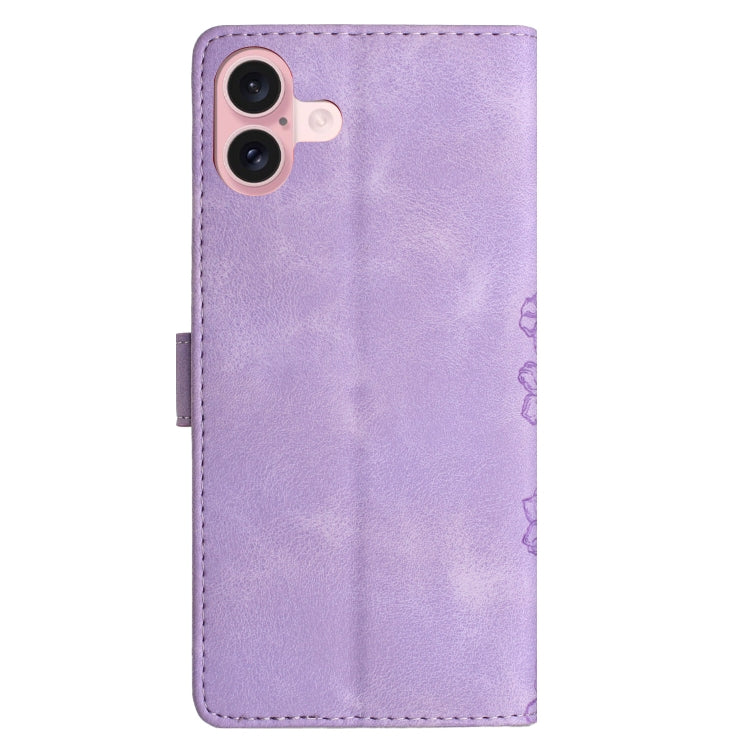 For iPhone 16 Cherry Blossom Butterfly Skin Feel Embossed PU Phone Case