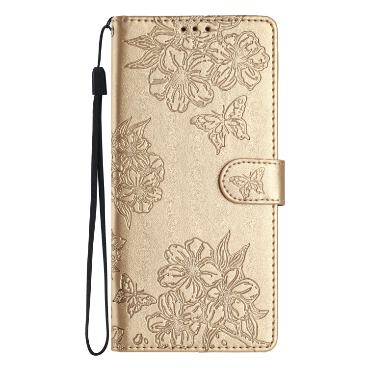For iPhone 16 Plus Cherry Blossom Butterfly Skin Feel Embossed PU Phone Case