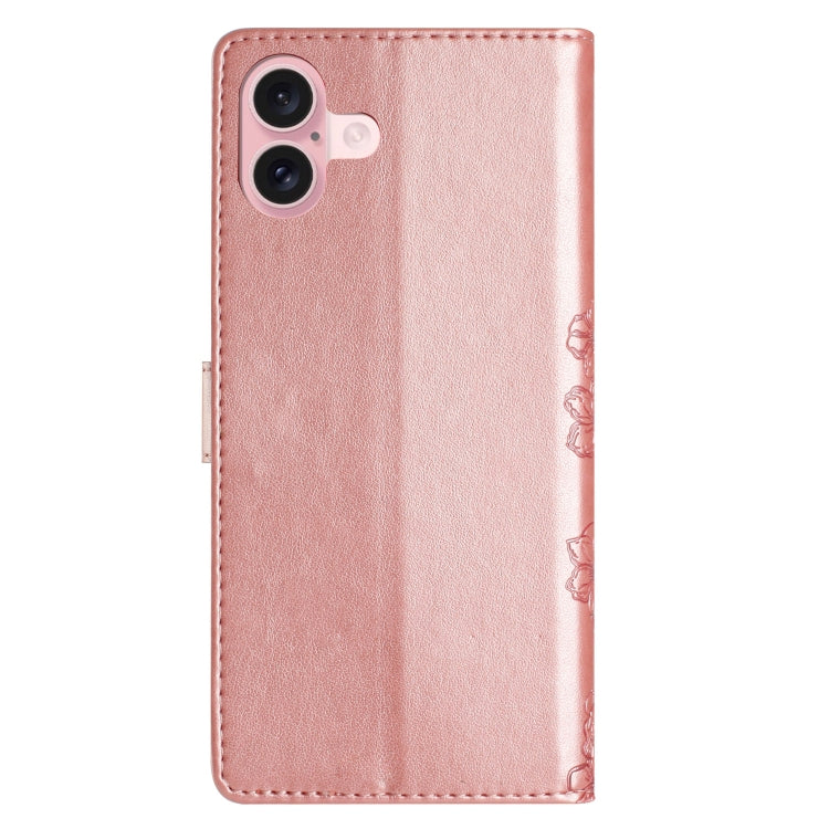 For iPhone 16 Plus Cherry Blossom Butterfly Skin Feel Embossed PU Phone Case