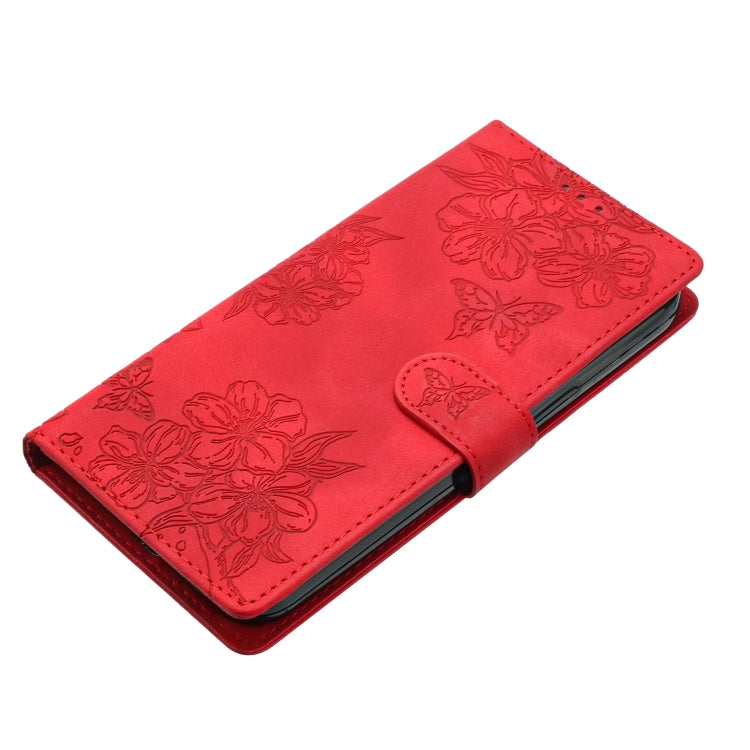 For iPhone 16 Pro Cherry Blossom Butterfly Skin Feel Embossed PU Phone Case