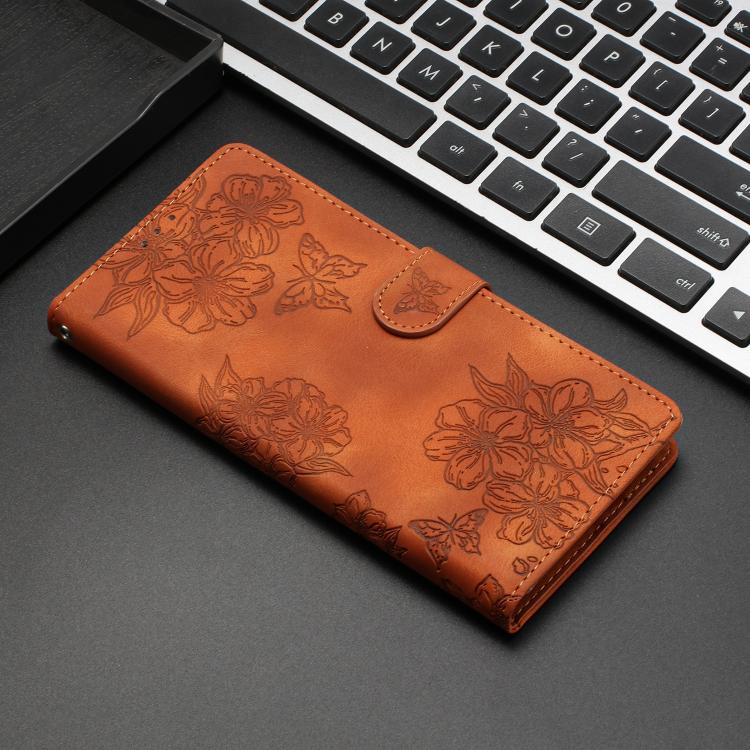 For iPhone 17 Cherry Blossom Butterfly Skin Feel Embossed PU Phone Case