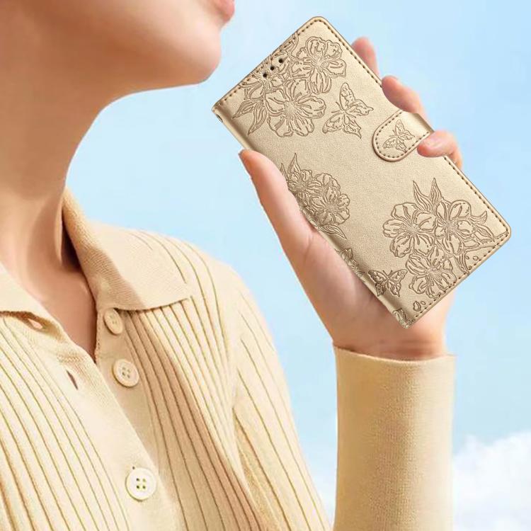 For iPhone 17 Cherry Blossom Butterfly Skin Feel Embossed PU Phone Case