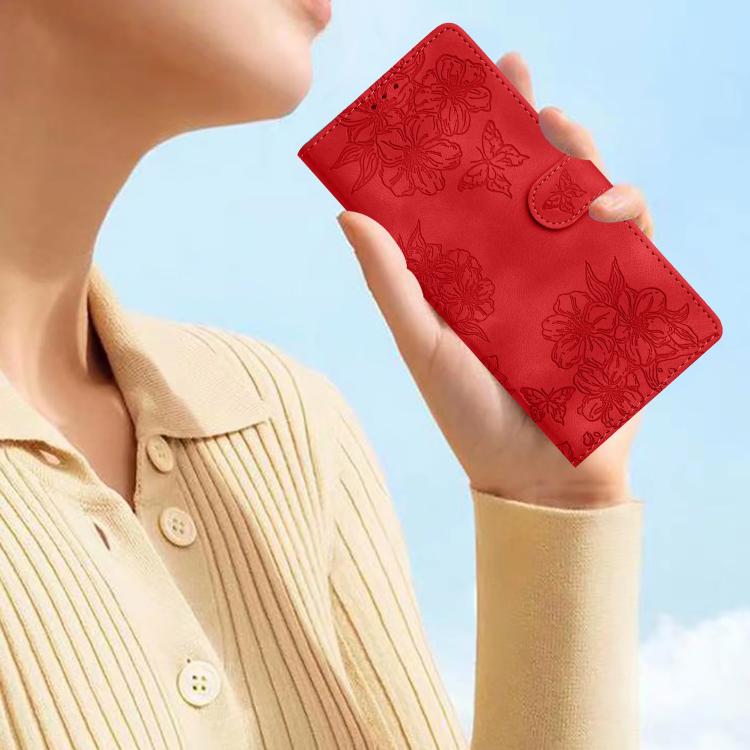 For iPhone 17 Pro Cherry Blossom Butterfly Skin Feel Embossed PU Phone Case