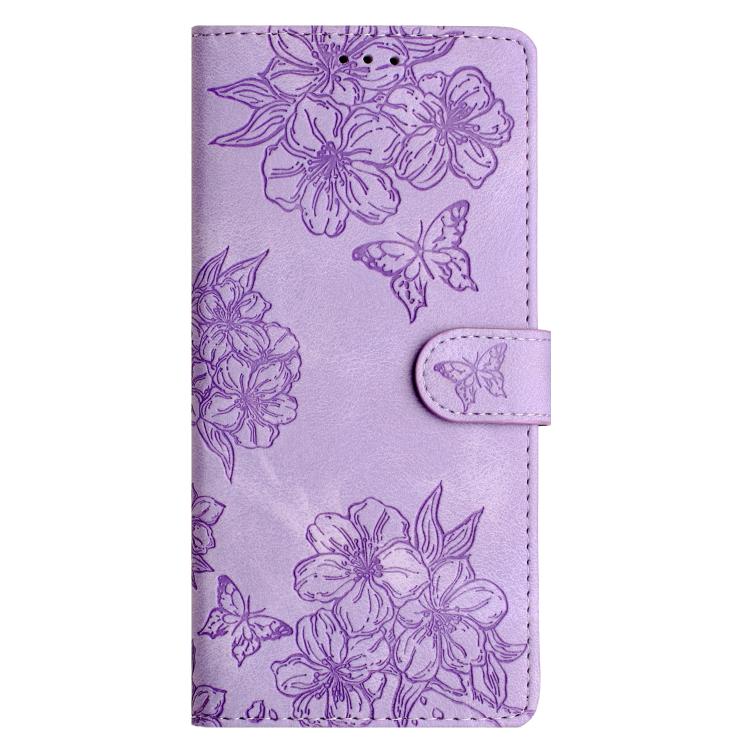 For iPhone 17 Pro Cherry Blossom Butterfly Skin Feel Embossed PU Phone Case