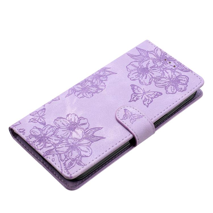 For iPhone 17 Pro Cherry Blossom Butterfly Skin Feel Embossed PU Phone Case
