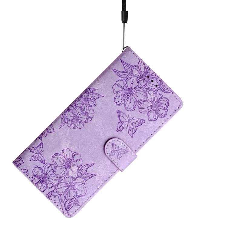 For iPhone 17 Pro Cherry Blossom Butterfly Skin Feel Embossed PU Phone Case