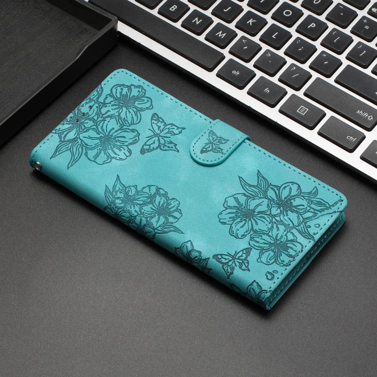 For iPhone 17 Pro Cherry Blossom Butterfly Skin Feel Embossed PU Phone Case