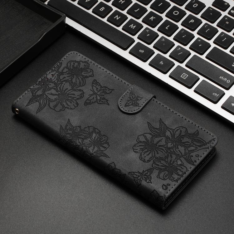 For iPhone 17 Pro Cherry Blossom Butterfly Skin Feel Embossed PU Phone Case