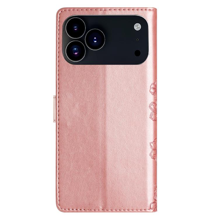 For iPhone 17 Pro Cherry Blossom Butterfly Skin Feel Embossed PU Phone Case