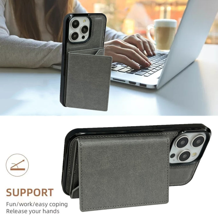 For iPhone 15 Pro Max Solid Color Metal Buckle Card Slots Bag Phone Case