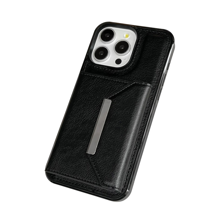 For iPhone 15 Pro Max Solid Color Metal Buckle Card Slots Bag Phone Case